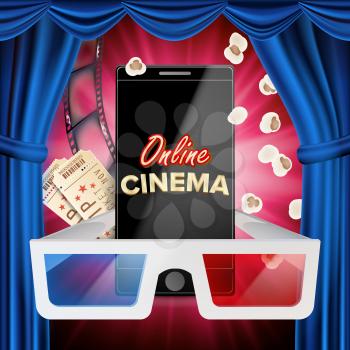 Online Cinema Banner Vector. Realistic Smart Phone. Template For Placard, Promotion Material. Blue Curtain. Theater. Online Cinema Background. Luxury Illustration.