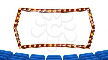Blue Theater Curtain With Light Frame Vector. Blue Background And Light Bulbs Frame. Realistic Retro cinema Design Board. Marquee Banner. Place For Text. Illustration