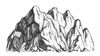 High Mountain Crag Landscape Hand Drawn Vector. Mountain Place For Advertising Extreme Ski Sport Resort Or Holiday In Camping Concept. Designed In Vintage Style Template Monochrome Illustration