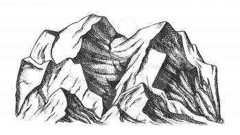 Summit Of Mountain Landscape Monochrome Vector. Mountain Rock Peak Discovery Adventure Wilderness Place For Extreme Expedition Concept. Designed Template Black And White Illustration