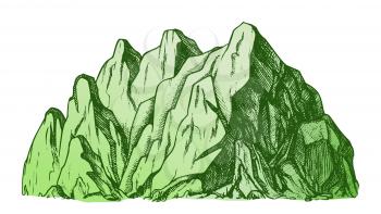 High Mountain Crag Landscape Hand Drawn Vector. Mountain Place For Advertising Extreme Ski Sport Resort Or Holiday In Camping Concept. Designed In Vintage Style Template Color Illustration