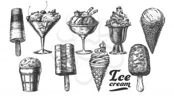 Assortment Frozen Ice Cream Set Vintage Vector. Wafer Cone, Caramel Eskimo Or Chocolate Glaze Sundae With Nuts, Whipped Cream And Fruit Concept. Designed Template Black And White Illustrations