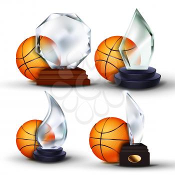 Basketball Game Award Set Vector. Ball, Glass Trophy. Modern Tournament. Design For Sport Promotion. Certificate, Diploma. Event Announcement. Illustration
