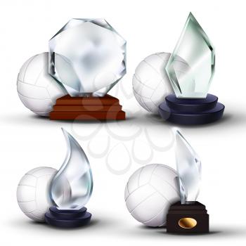 Volleyball Game Award Set Vector. Ball, Glass Trophy. Modern Tournament. Design For Sport Promotion. Certificate, Diploma. Event Announcement. Illustration