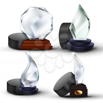 Ice Hockey Game Award Set Vector. Puck, Glass Trophy. Modern Tournament. Design For Promotion. Certificate, Diploma. Event Announcement. Advertising Illustration
