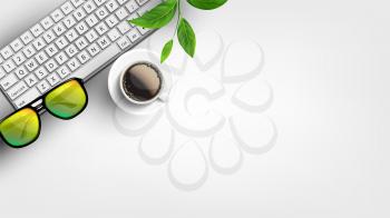 White Home Office Desktop With Flat Lay Vector. Specs With Black Frame, Keyboard, Cup Of Coffee On Plate And Branch Of Tree With Leaves On Writing Desktop. Copy Space Top View Illustration