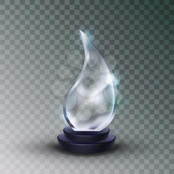 Shiny Glass Trophy Award In Water Drop Form Vector. Concept Of Glossy Blank Trophy On Plastic Pedestal. Empty Premium Prize Reward For Important Person Mockup Realistic 3d Illustration