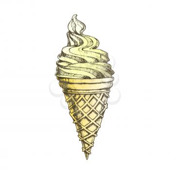 Color Ice Cream In Waffle Cornet Snow Cone Ink Vector. Whipped Milk Cold Gelato Sweet Dessert Ice Cream Concept. Refreshing Natural Dairy Tasty Snack Designed Template Illustration