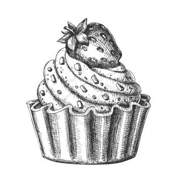 Creamy Delicious Cake Sweet Dessert Ink Vector. Confectionery Tasty Cake Made From Custard Cream Decorated Chocolate Crumbs And Strawberry On Top. Designed Food Template Monochrome Illustration