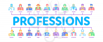 Professions People Minimal Infographic Web Banner Vector. Policeman And Farmer, Fireman And Soldier, Businessman And Businesswoman, Barber And Builder Illustration