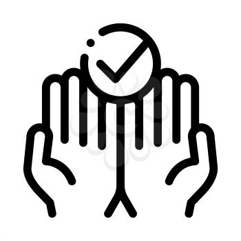 Hands Fingers Palms Up Approved Mark Vector Icon Thin Line. Approved Sign On Document File, Protection Shield And Opened Carton Box Concept Linear Pictogram. Monochrome Contour Illustration
