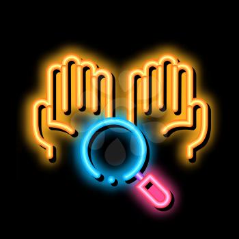 Hands And Magnifier neon light sign vector. Glowing bright icon Hands And Magnifier sign. transparent symbol illustration