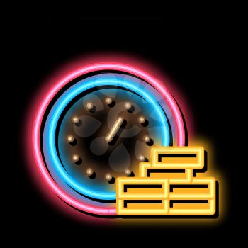 Watch Coin Heap neon light sign vector. Glowing bright icon Watch Coin Heap sign. transparent symbol illustration