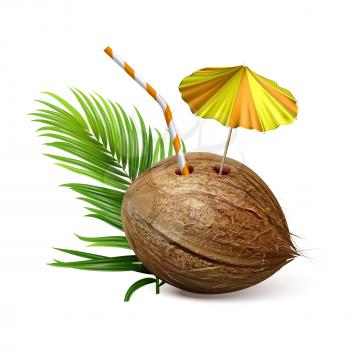 Coconut Tropical Natural Drink And Branch Vector. Coconut Exotic Cocktail With Straw And Decorated Umbrella, Palm Green Leaves. Coco Beach Beverage Template Realistic 3d Illustration