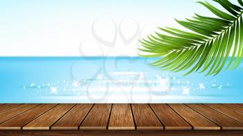Seashore Wooden Pier, Sea And Tree Branch Vector. Seaside Wood Pier And Beach, Ocean And Plant Green Leaves, Good Weather. Summer Vacation Landscape For Rest Realistic 3d Illustration