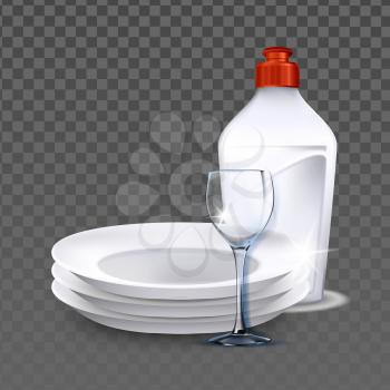 Plates And Wineglass Washed With Detergent Vector. Blank Container With Chemical Liquid For Wash Dishware And Glassware. Hygienic Product For Clean Kitchenware Template Realistic 3d Illustration