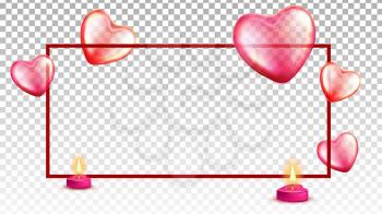 Air Balloons, Burning Candles And Frame Vector. Flying Helium Inflated Balloons In Heart Form And Aromatic Burning Flame, Romantic Dating Decoration Template Realistic 3d Illustration