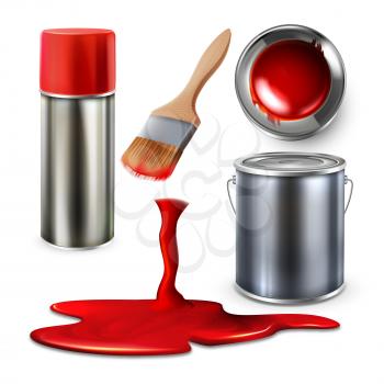 Paint Blank Bottle Spray And Container Set Vector. Collection Of Paint Bucket, Paintbrush And Falling Watercolor. Artistic Accessory For Painting And Drawing Template Realistic 3d Illustrations