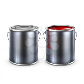 Paint Blank Opened And Closed Buckets Cap Vector. Metallic Container With Color Paint. Painter Chemical Liquid For Painting Surface. Diy Renovation Template Realistic 3d Illustration