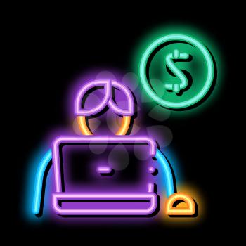 Man Laptop Coin neon light sign vector. Glowing bright icon Man Laptop Coin isometric sign. transparent symbol illustration