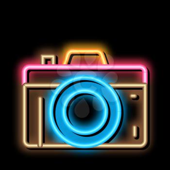 Photo Camera neon light sign vector. Glowing bright icon Photo Camera isometric sign. transparent symbol illustration