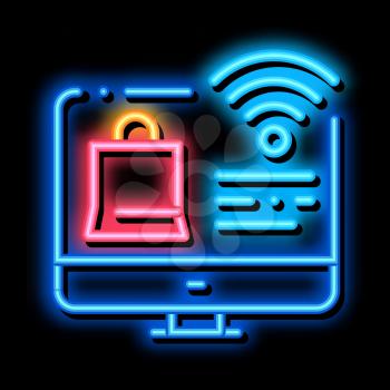 Online Shopping via Wi-Fi neon light sign vector. Glowing bright icon Online Shopping via Wi-Fi sign. transparent symbol illustration