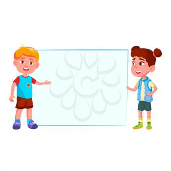Boy And Girl Showing Blank Banner Together Vector. Caucasian Preteen Children Show Banner On Presentation In School. Smiling Happy Characters Schoolboy And Schoolgirl Flat Cartoon Illustration