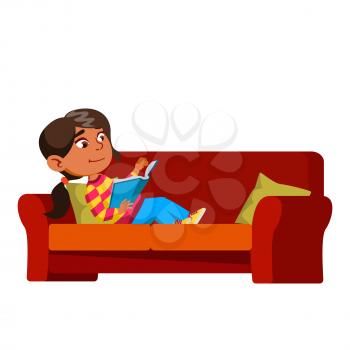Girl Kid Laying On Couch And Reading Book Vector. Hispanic Preteen Lady Child Lay On Sofa And Read Educational Book. Character Infant Enjoying With Literature Flat Cartoon Illustration