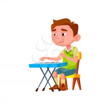 Boy Child Artist Playing Melody On Piano Vector. Caucasian Kid Play Classical Music On Piano Musician Instrument. Character Infant Pianist Performing, Fun Learning Time Flat Cartoon Illustration