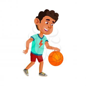 Boy Child Playing Basketball On Playground Vector. Happy Hispanic Kid Athlete Play Basketball Game With Ball. Character Preteen Player Training Sport Activity Flat Cartoon Illustration