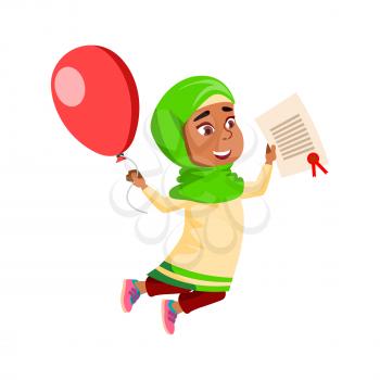 Girl Child Celebrate Victory In Competition Vector. Arabian Lady Kid Holding Certificate And Air Balloon Jumping For Joy Win In Tournament. Character With Sport Trophy Flat Cartoon Illustration