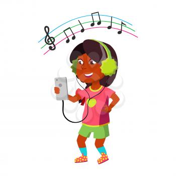 Girl Listen Music In Headphones From Phone Vector. Happiness Indian Preteen Lady Listening Music In Earphones From Smartphone And Dancing. Character Digital Device Flat Cartoon Illustration