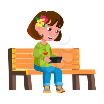 Girl Child Playing Video Game On Smartphone Vector. Smiling Caucasian Preteen Lady Sitting On Park Bench And Watching Video Movie On Smartphone Screen. Character Gadget Flat Cartoon Illustration