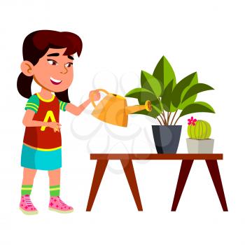 Girl Child Watering Domestic Plant In Pot Vector. Happiness Asian Preteen Lady Care Potted Domestic Plant. Character Infant Caring Growing Flower, Housework Activity Flat Cartoon Illustration