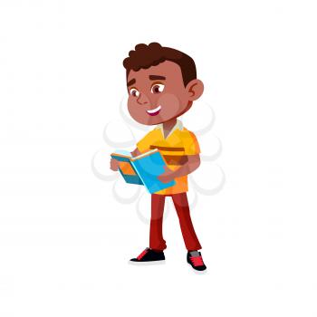 Pupil Boy Reading Book In School Corridor Vector. Happy African Schoolboy Standing And Read Educational Book. Character Preparing For Lesson Or Examination Flat Cartoon Illustration