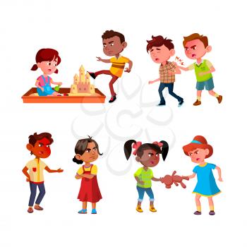Kids Aggression Fighting And Bullying Set Vector. Brother And Sister Quarrel, Bully Boy Destroying Sandy Castle And Kicking Schoolboy, Children Aggression. Characters Flat Cartoon Illustrations