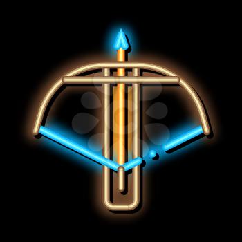 Crossbow Archery Equipment neon light sign vector. Glowing bright icon Medieval Shooting Crossbow Weapon Concept Linear Pictogram. Handgun sign. transparent symbol illustration