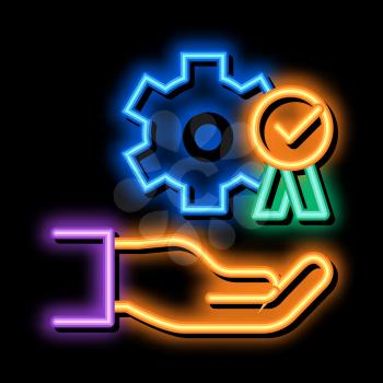 Hand Holding Gear And Medal neon light sign vector. Glowing bright icon Process For Goal Achievement, Victory Medal And Recognition sign. transparent symbol illustration