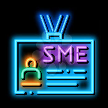 Sme Worker Badge With Photo neon light sign vector. Glowing bright icon Company Badge, Pass Document With Employee Information sign. transparent symbol illustration