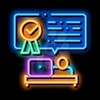 Employee Strives For Victory neon light sign vector. Glowing bright icon Employee Workplace With Laptop, Quote Frame Medal And Text sign. transparent symbol illustration