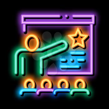 Work Development Training neon light sign vector. Glowing bright icon Trainer Pointing On Star On Blackboard, Training For Worker sign. transparent symbol illustration