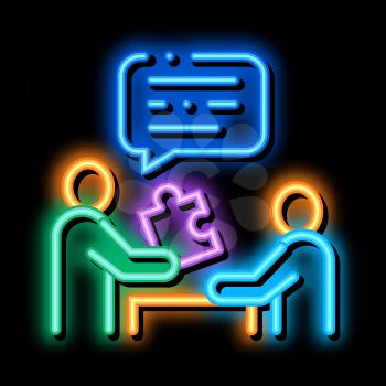 Human Giving Puzzle Piece neon light sign vector. Glowing bright icon Businessman Explains What Lacking In Work Of Employee sign. transparent symbol illustration