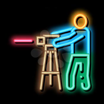 Worker Measuring Landscape neon light sign vector. Glowing bright icon Engineer Human With Topography Measuring Equipment sign. transparent symbol illustration