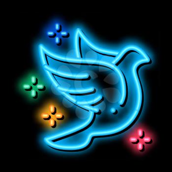 Flying Pigeon Bird Sparkling neon light sign vector. Glowing bright icon Fly Dove Bird Silhouette With Glistering Stars, Peace Symbol sign. transparent symbol illustration
