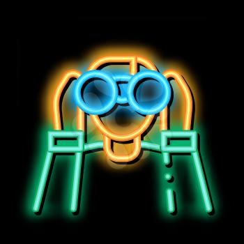 Human Watching Binocular neon light sign vector. Glowing bright icon Man Looking In Equipment For Watch Flying Bird, Ornithologist sign. transparent symbol illustration