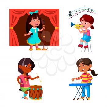 Kids Girls Playing Music Orchestra Set Vector. Kids Ladies Play On Drum, Piano Synthesizer And Trumpet Musician Instrument, Child Singing Song In Microphone On Stage. Characters Flat Cartoon Illustrations