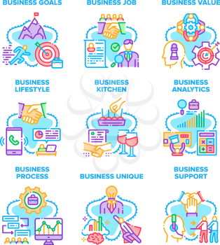 Business Process Set Icons Vector Illustrations. Business Goals And Job, Value And Lifestyle, Support And Analytics, Unique And Office Kitchen. Professional Achievement Color Illustrations