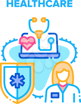 Healthcare Clinic Diagnostic Vector Icon Concept. Doctor Healthcare Examination And Treatment In Hospital And Remote Consultation. Health Protection And Life Safe Color Illustration