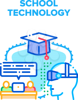 School Modern Technology Vector Icon Concept. Laptop And Vr Glasses For Pupils Remote Studying, Educational Technology For Learning Lesson. E-learning And Graduation Color Illustration