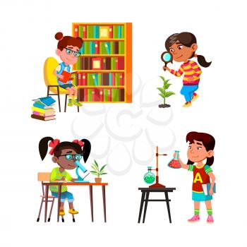 Girls Kids Scientist Study And Research Set Vector. Children Ladies Scientist Studying In Library, Researching Plant Outdoor And Chemical Liquid In Laboratory. Characters Flat Cartoon Illustrations